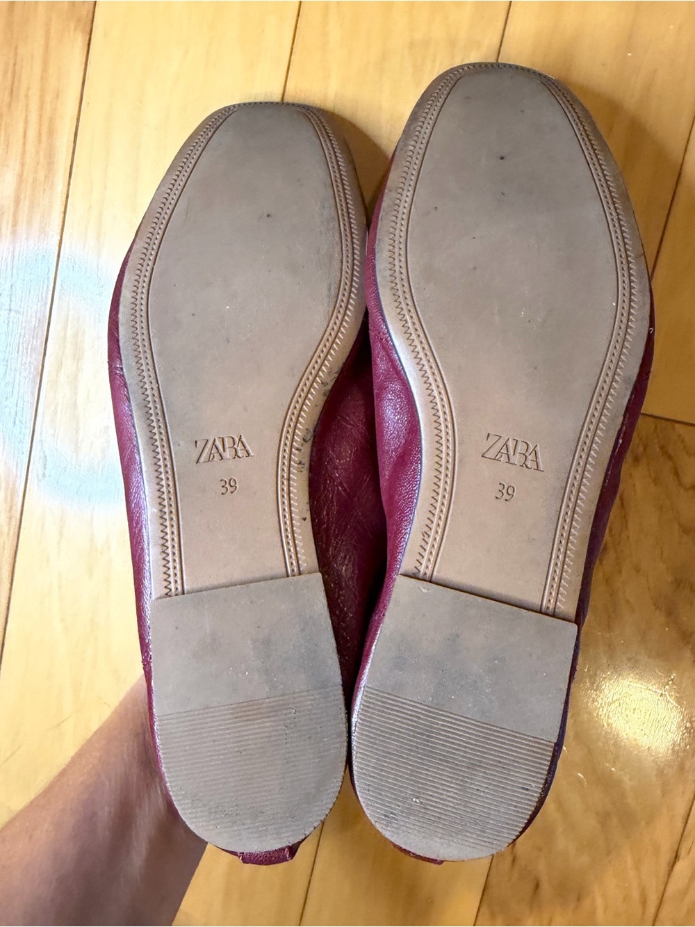 Zara Wine Red Leather Ballet Flats with Elastic Crossover Strap - Picture 9 of 11